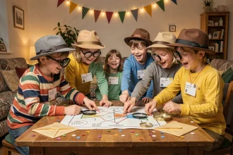Groupe d'enfants déguisés en détectives autour d'une table avec cartes et indices pour un jeu d'anniversaire sur le thème enquête