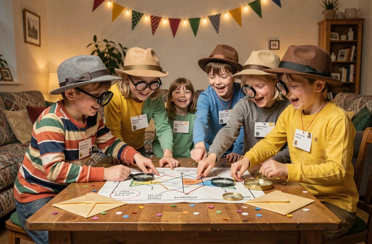 Groupe d'enfants déguisés en détectives autour d'une table avec cartes et indices pour un jeu d'anniversaire sur le thème enquête