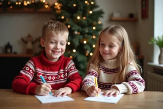Garçons et filles écrivant des cartes de Noël avec plaisir