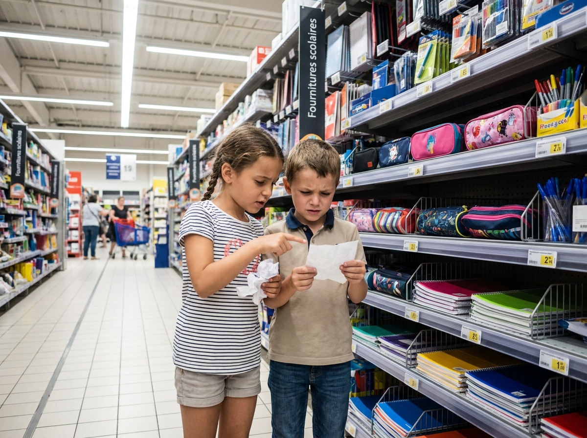 Deux enfants qui comparent des fournitures scolaires dans un rayon de supermarché en préparant la liste de la rentrée