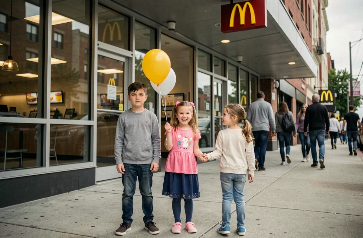 Trois enfants de la fratrie devant un restaurant McDonald's pour un anniversaire, fillette avec ballon et couronne, expression naturelle des frères et sœurs