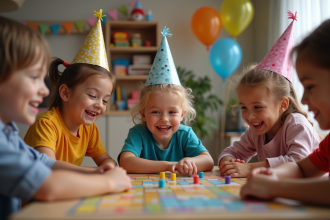 Enfants de 6 à 8 ans jouant à un jeu de société en intérieur