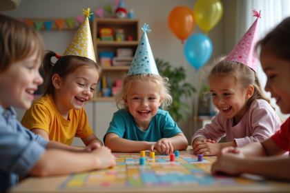 Enfants de 6 à 8 ans jouant à un jeu de société en intérieur