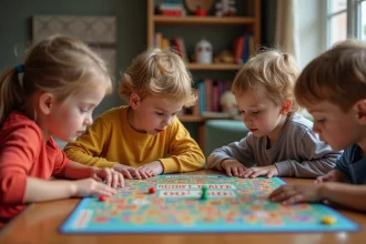 Groupe d'enfants jouant à Trivial Pursuit dans un salon