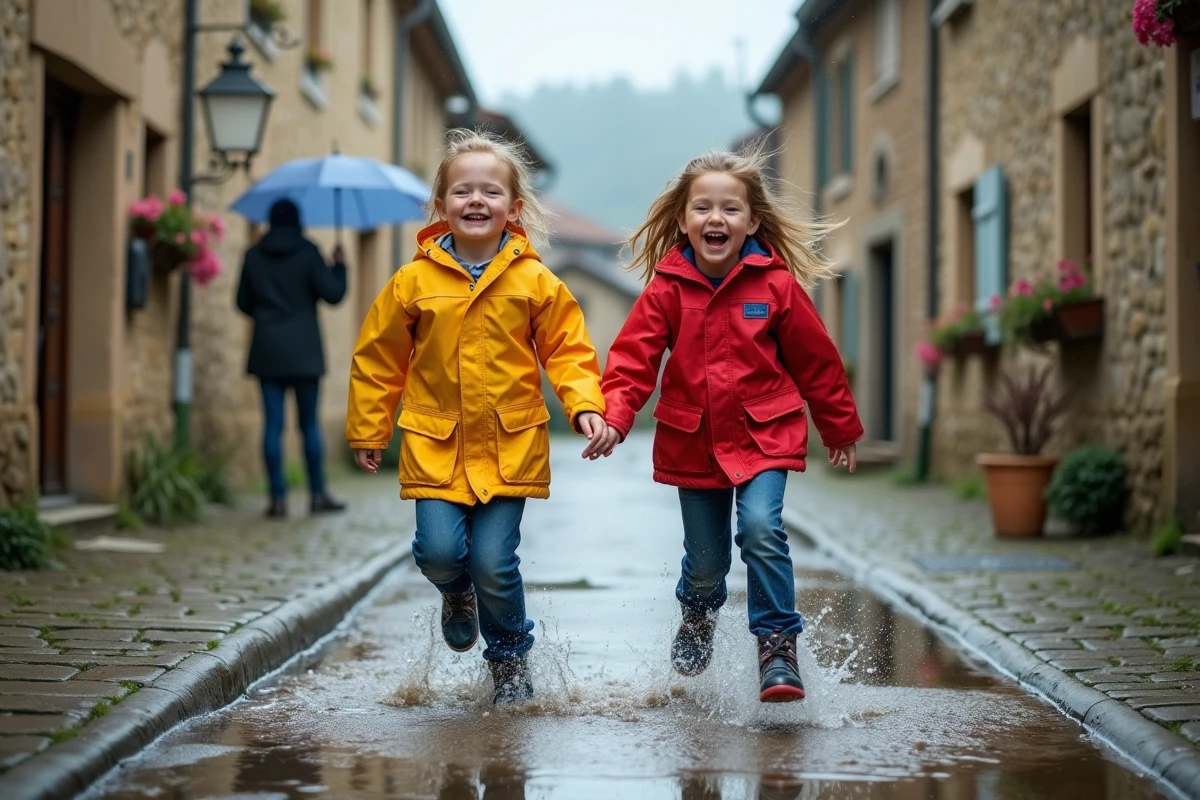 Enfants sautant dans une flaque sous la pluie dans un village