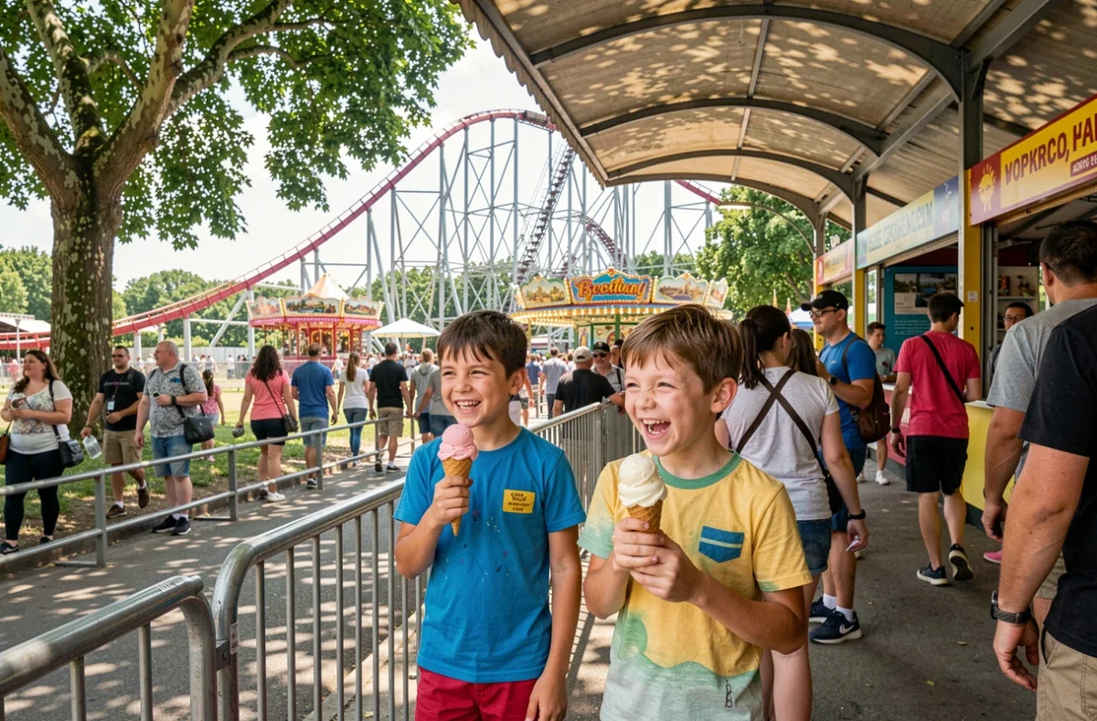 Deux enfants faisant la queue pour des attractions dans un parc de loisirs près de Lyon en plein été