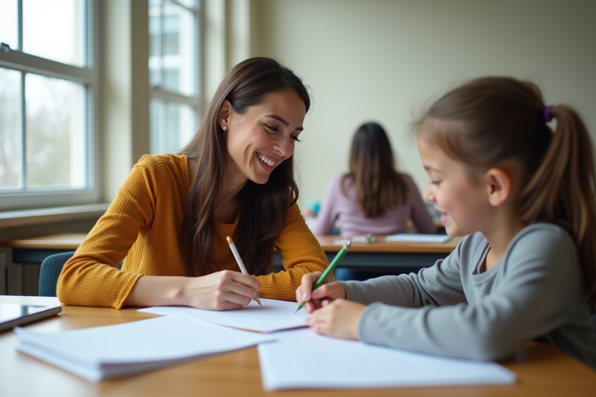 Enseignant souriant avec un élève dans une salle de classe