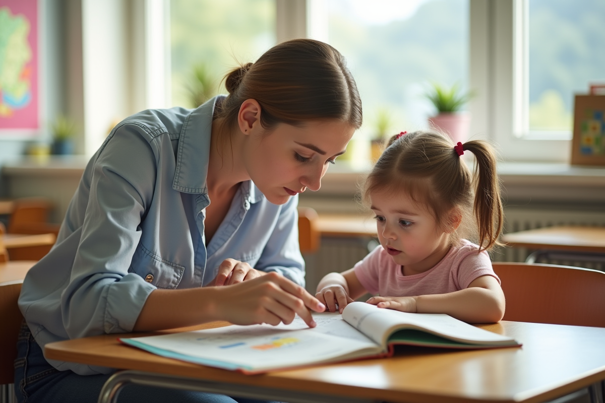 Jeune enseignant aidant un enfant en classe lumineuse