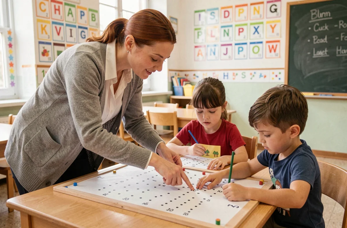 Enseignante guidant des élèves dans une activité de dessins à relier dans une salle de classe colorée