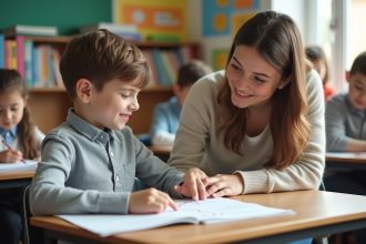Enseignante primaire donnant une étoile à un élève souriant