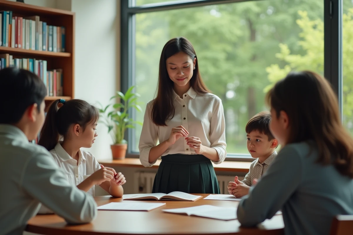 Jeune enseignante guidant un jeu Kim avec des élèves en bibliothèque moderne
