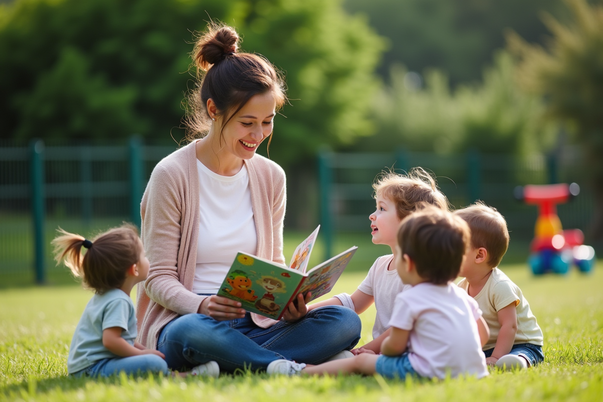 Enseignante lisant une histoire aux tout-petits en plein air