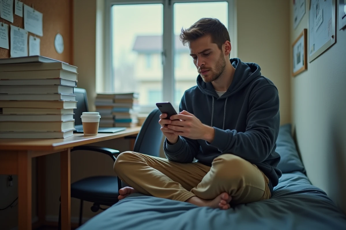 Étudiant en résidence universitaire consultant une aide financière CAF sur son smartphone