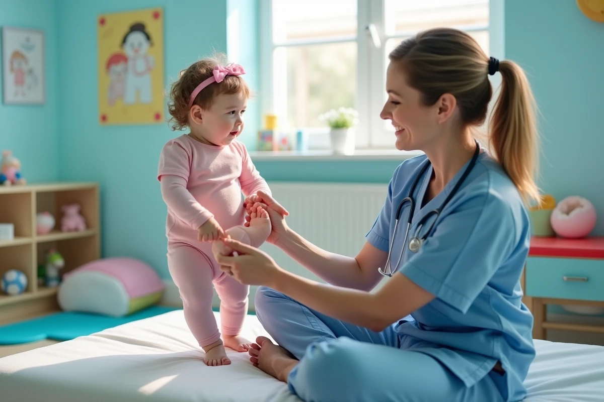 Infirmière en scrubs montrant des exercices à un bébé lors d