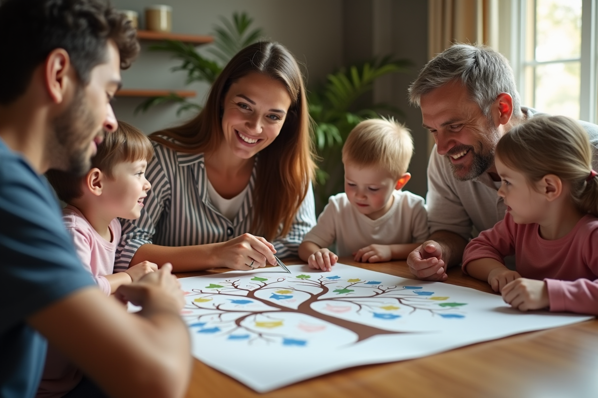 Famille multigenerationale autour d un arbre genealogique