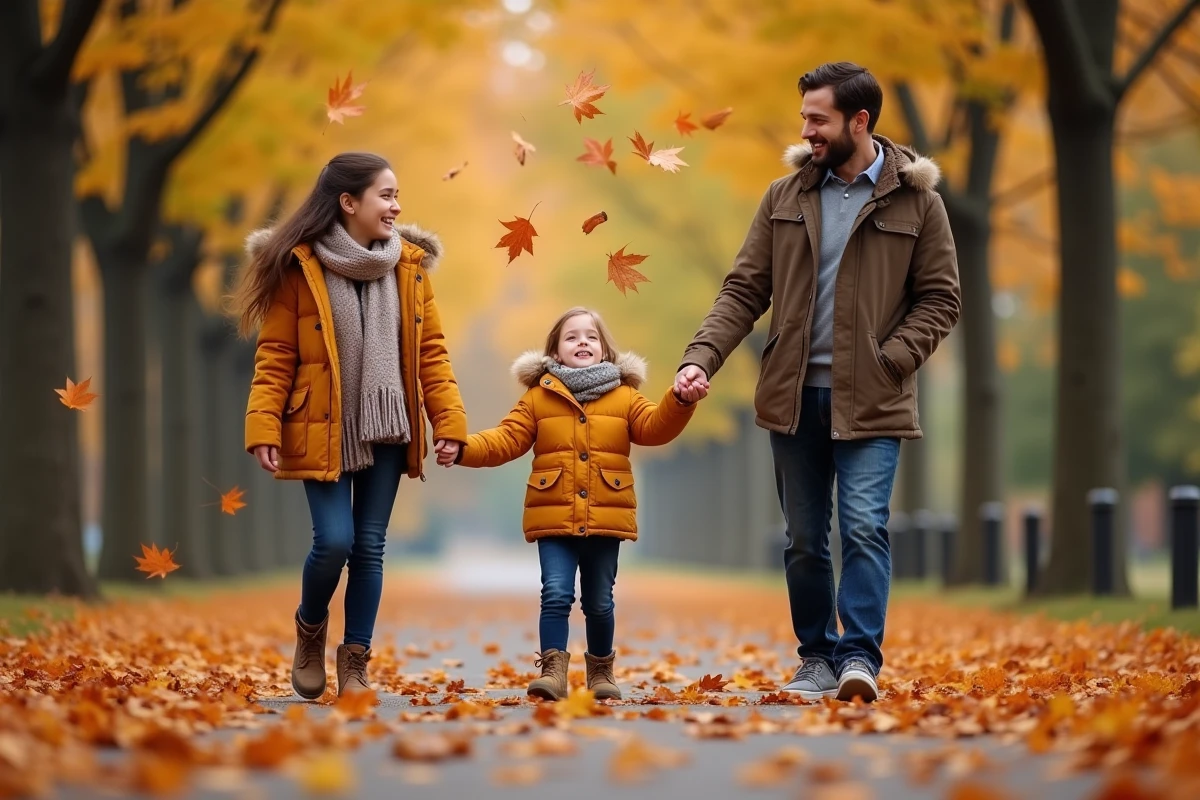 Famille heureuse jouant dans un parc d'automne avec des feuilles