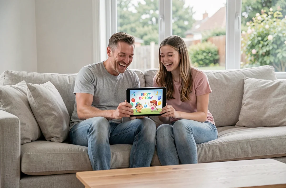 Père et fille riant ensemble en regardant une carte d'anniversaire animée gratuite sur une tablette dans le salon