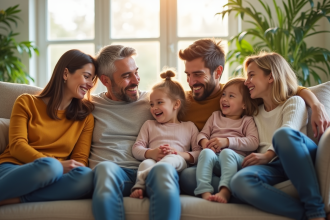 Famille moderne de quatre assise sur un canapé lumineux