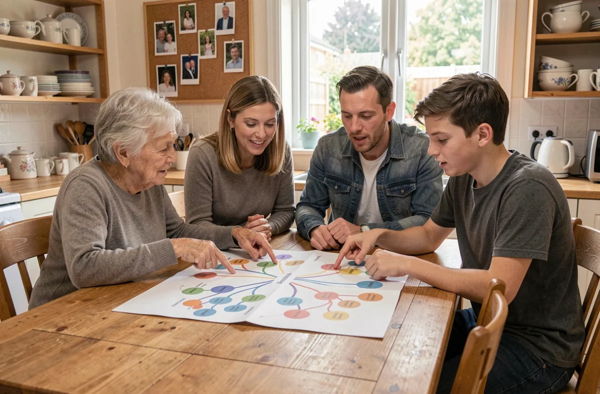 Famille réunie autour d'un arbre généalogique imprimé pour découvrir l'origine de leur nom de famille