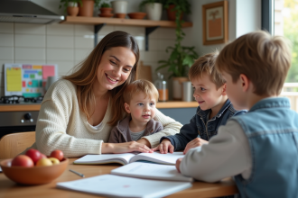 Mère française avec enfants autour d'un calendrier familial