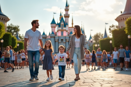 Famille heureuse devant le château de Disneyland Paris