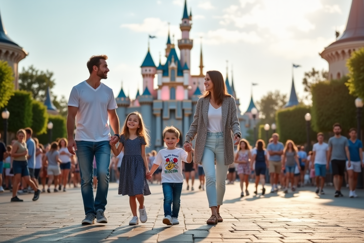 Famille heureuse devant le château de Disneyland Paris
