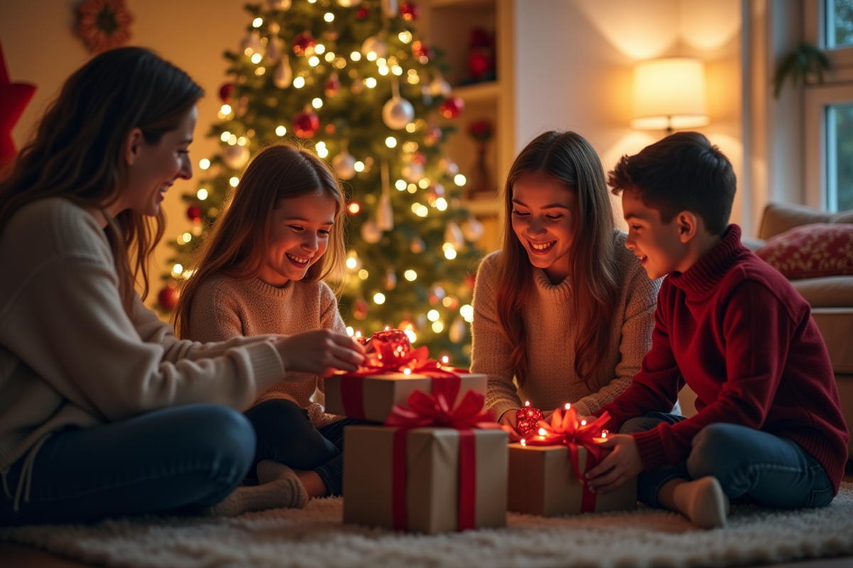 Famille heureuse échangeant des cadeaux de Noël dans un salon
