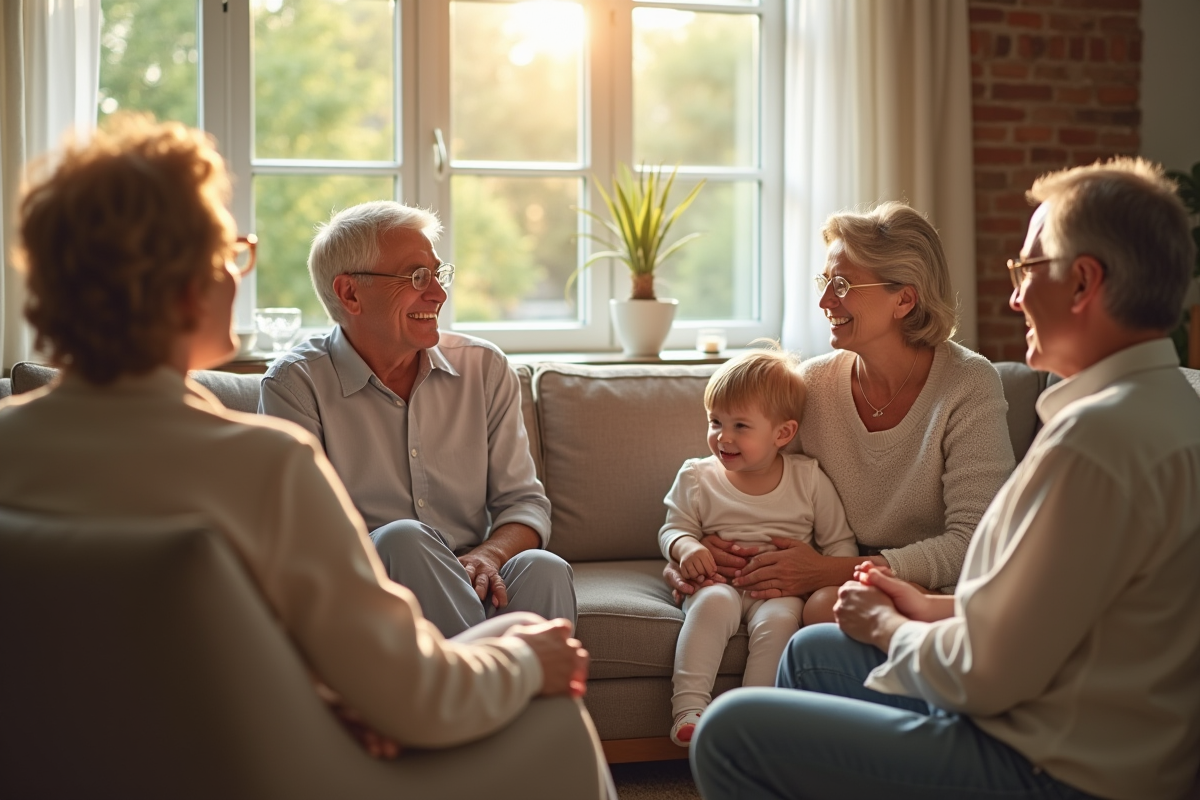 Famille multigenerations réunie dans un salon lumineux