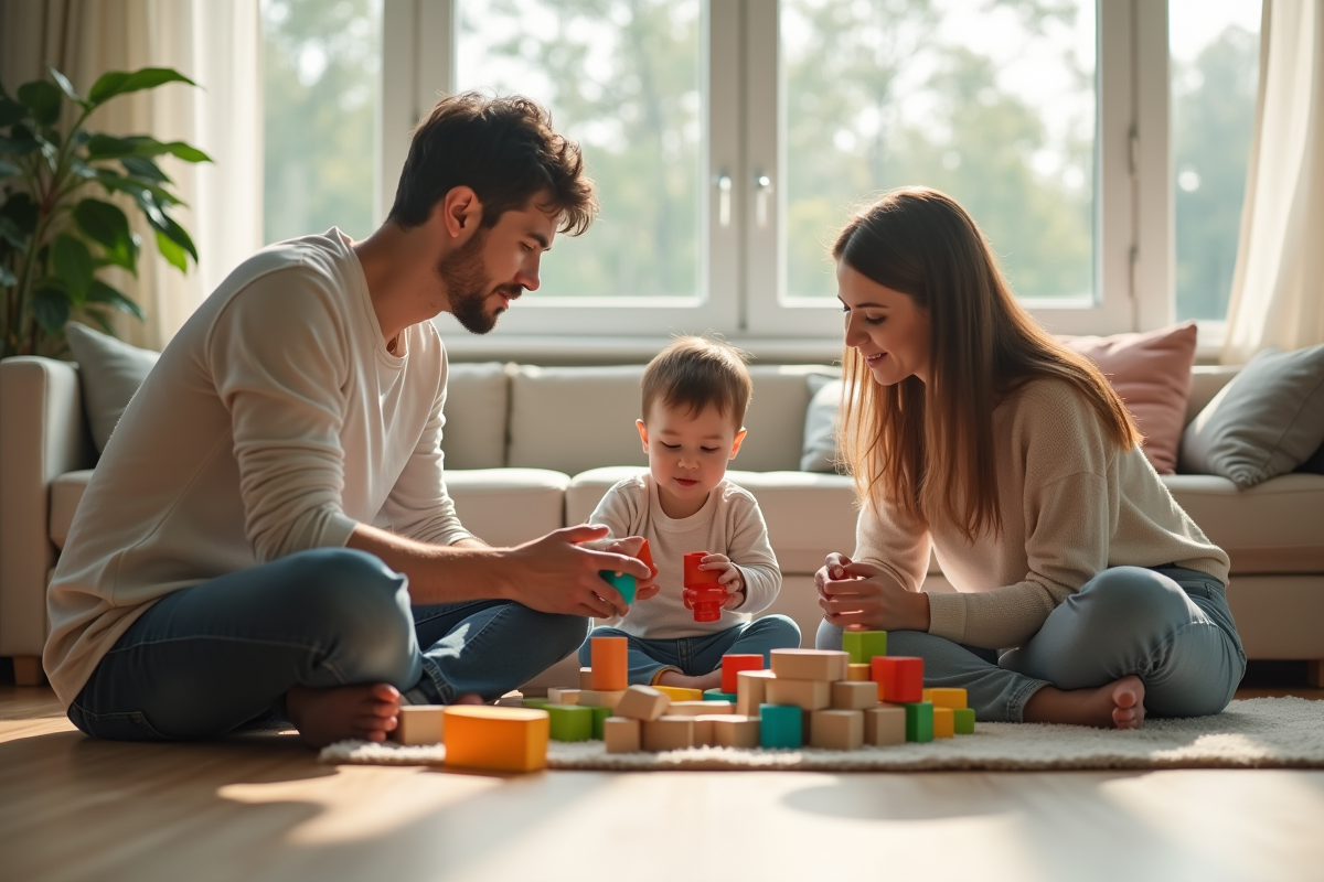 Famille jouant avec des blocs en bois dans le salon