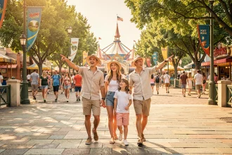 Famille entrant dans un parc d'attractions près de Lyon par une chaude journée d'été