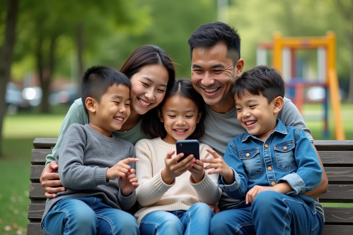 Famille riant sur un banc dans un parc