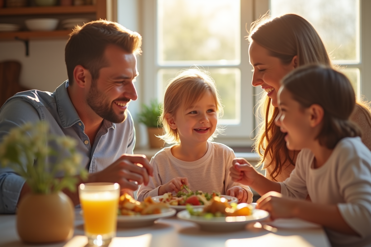 Famille heureuse partageant un repas dans une cuisine lumineuse