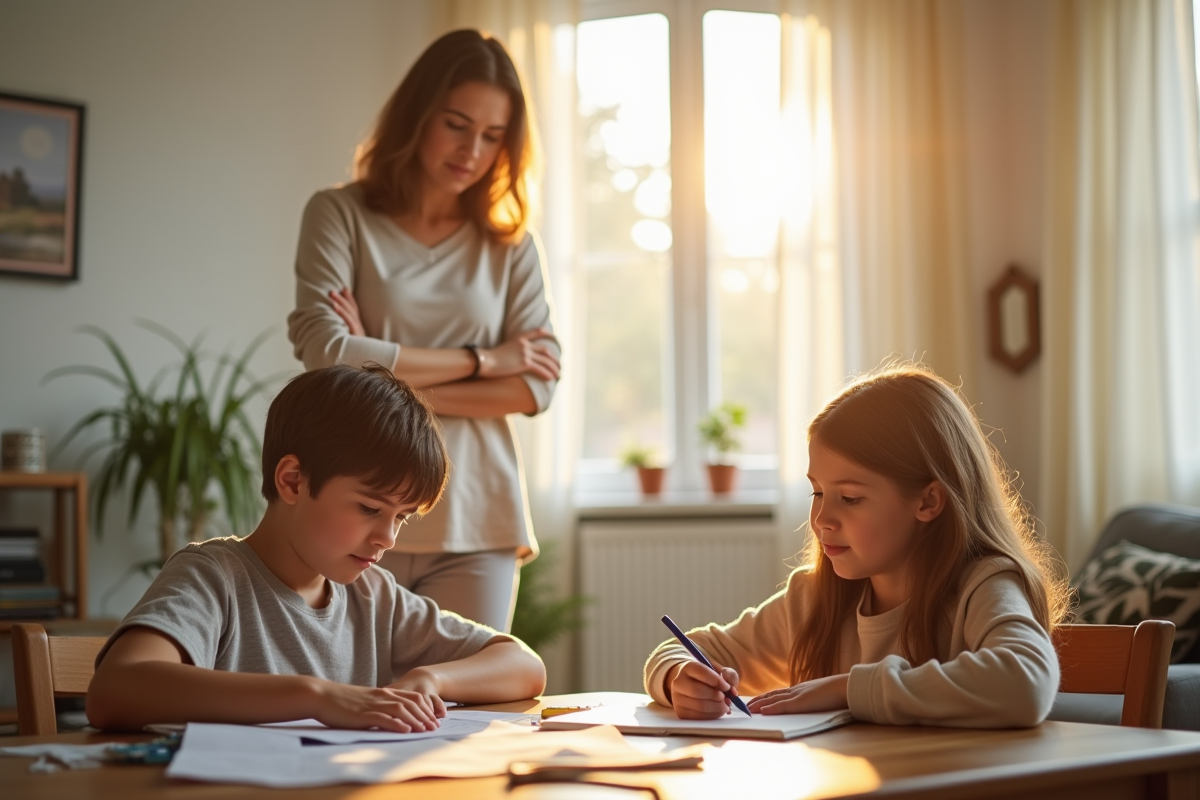 Famille dans un salon lumineux regardant devoirs