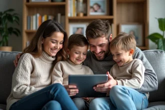 Famille moderne utilisant une tablette pour un calendrier familial