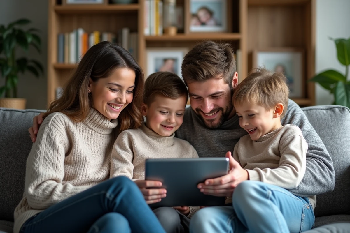 Famille moderne utilisant une tablette pour un calendrier familial