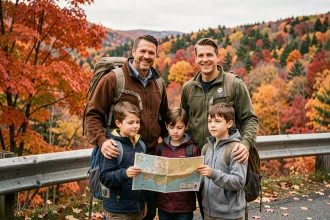 Famille québécoise en vacances scolaires devant un paysage automnal avec des érables colorés au Québec