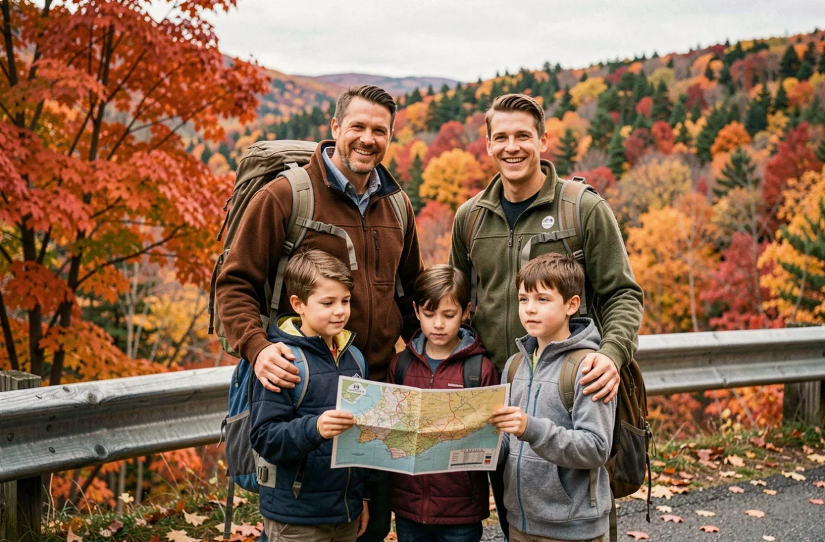 Famille québécoise en vacances scolaires devant un paysage automnal avec des érables colorés au Québec