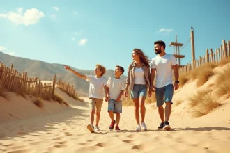 Famille visitant le parc Mer de Sable avec dunes de sable et attractions en arrière-plan