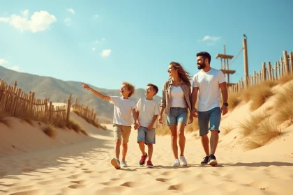 Famille visitant le parc Mer de Sable avec dunes de sable et attractions en arrière-plan
