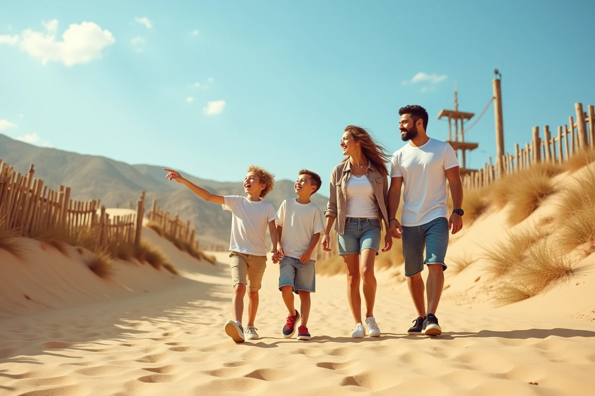 Famille visitant le parc Mer de Sable avec dunes de sable et attractions en arrière-plan