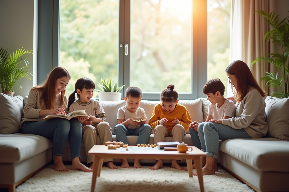 Familles différentes dans un salon lumineux en interaction