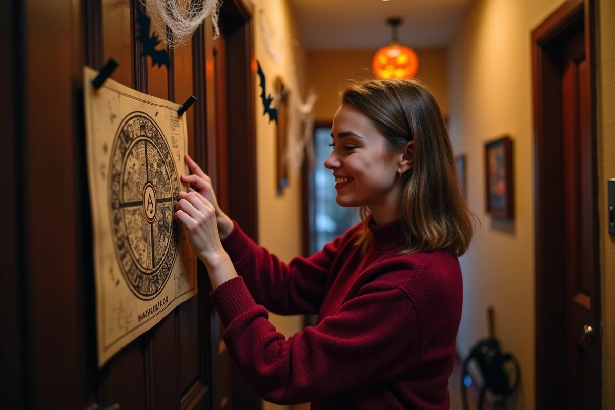 Jeune femme accrochant une affiche Harry Potter Carte du Maraudeur sur une porte en bois décorée pour Halloween