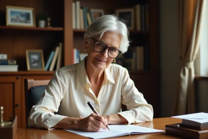 Femme âgée rédigeant un testament olographe à la main sur un bureau en bois, avec stylo plume et documents officiels
