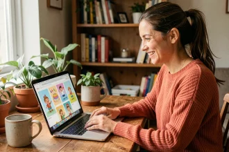 Femme souriante choisissant une carte animée gratuite d'anniversaire sur son ordinateur portable depuis un bureau chaleureux à domicile