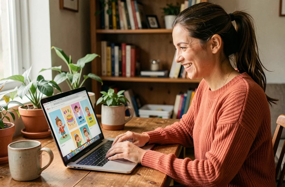 Femme souriante choisissant une carte animée gratuite d'anniversaire sur son ordinateur portable depuis un bureau chaleureux à domicile