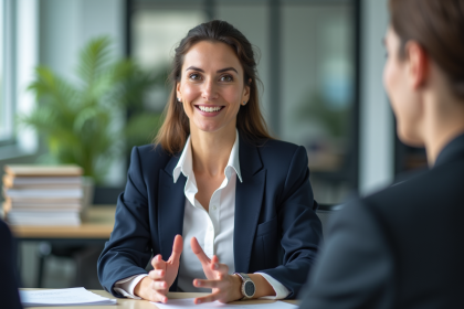 Femme confiante en réunion dans un bureau moderne