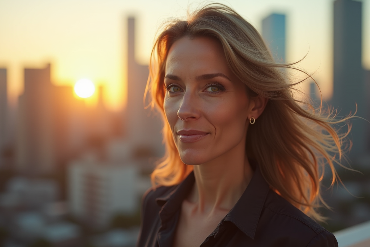 Femme confiante avec regard expressif devant la ville