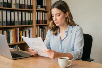 Femme consultant un acte de naissance officiel à son bureau à domicile