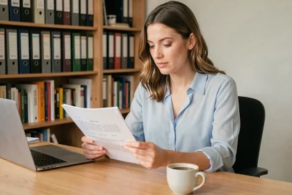 Femme consultant un acte de naissance officiel à son bureau à domicile