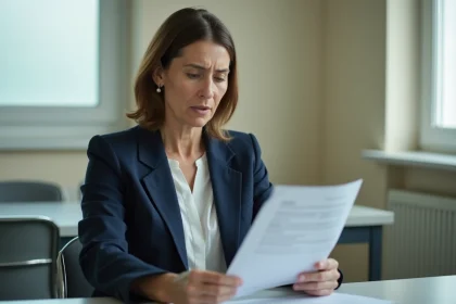 Femme consultant un document administratif de permis de visite parloir dans une salle d'attente institutionnelle